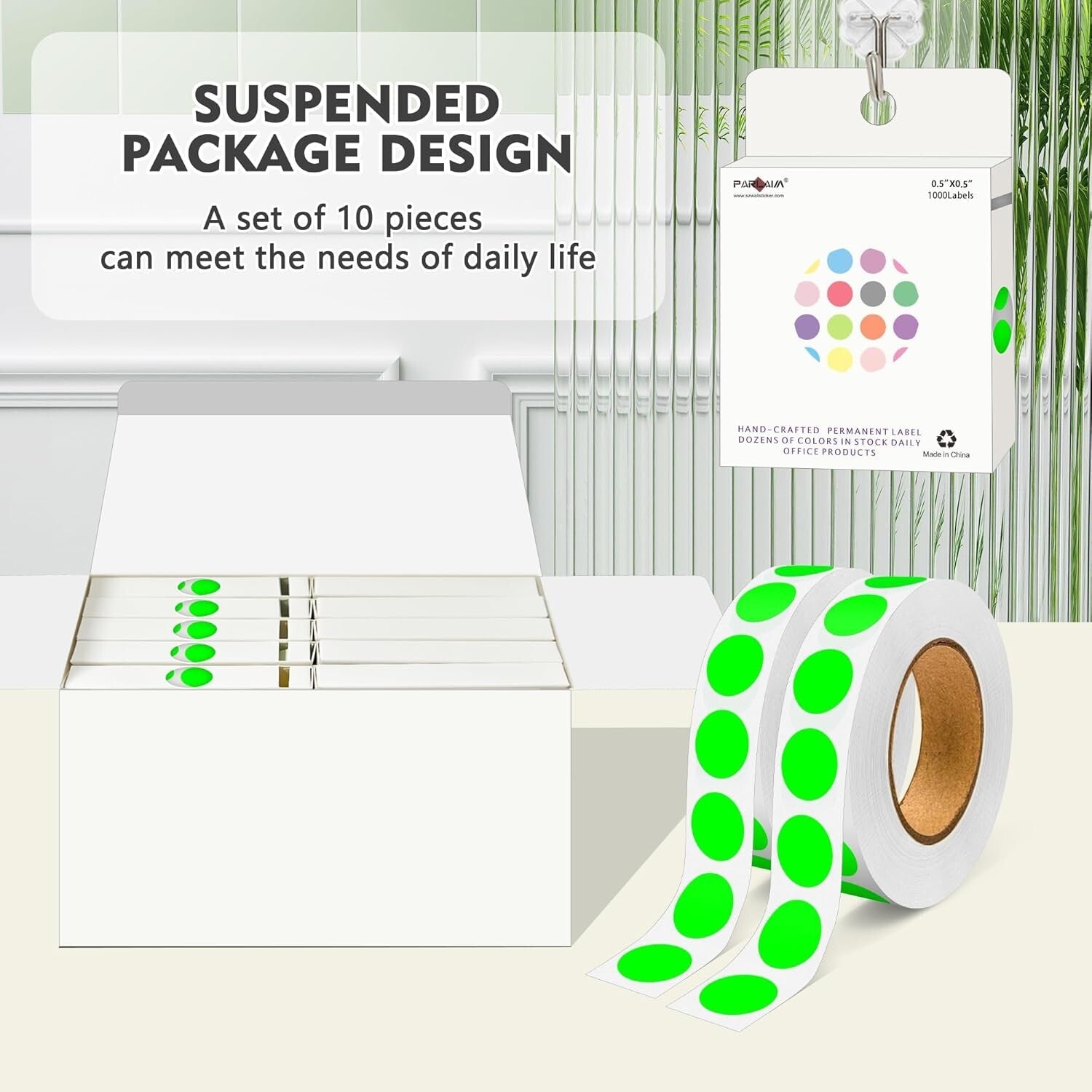 Bulk Pack of 10 Rolls Fluorescent Green 1/2 Inch Permanent Adhesive Dot Stickers