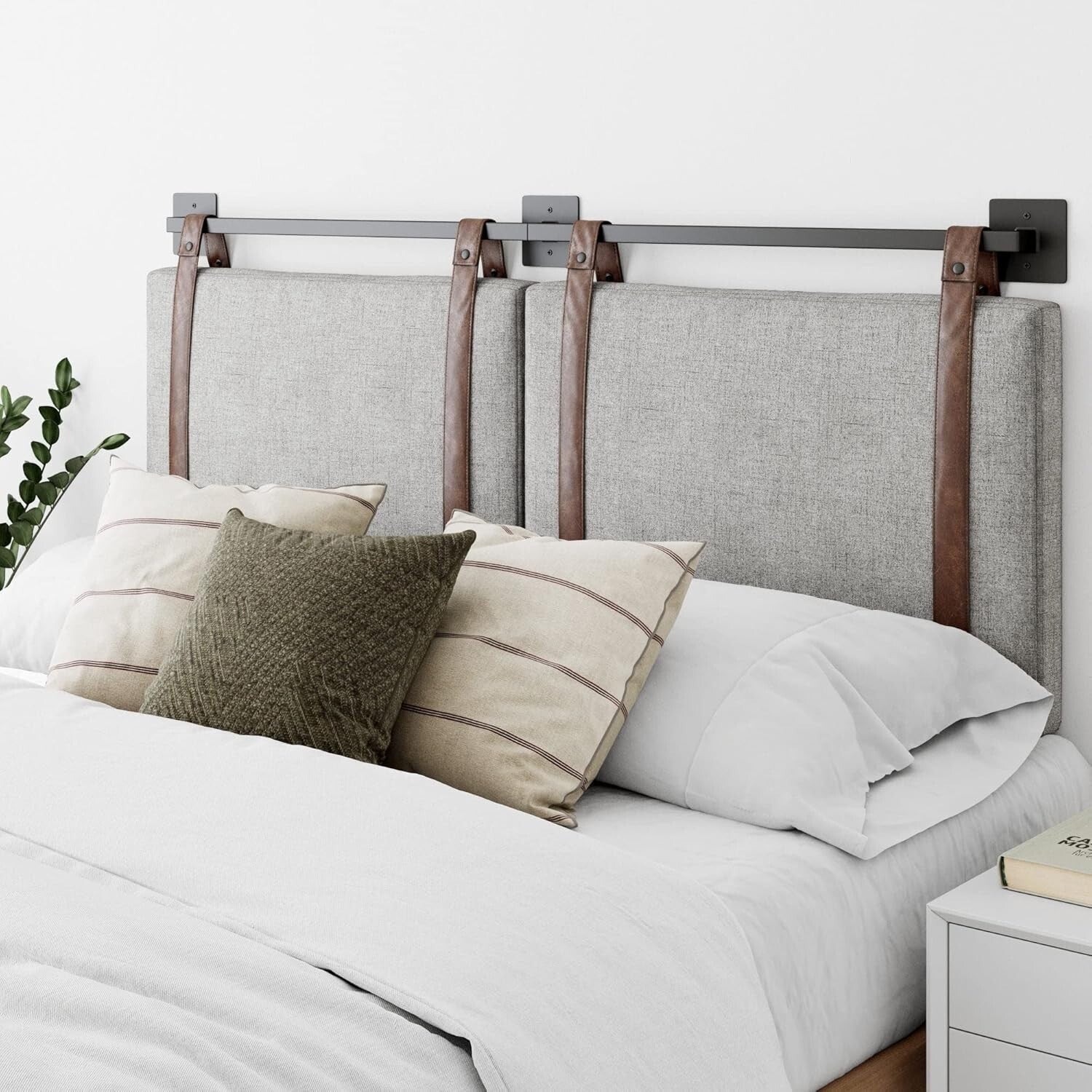 Harlow Wall-Mount Headboard Queen - Gray with Brown Faux Leather Straps
