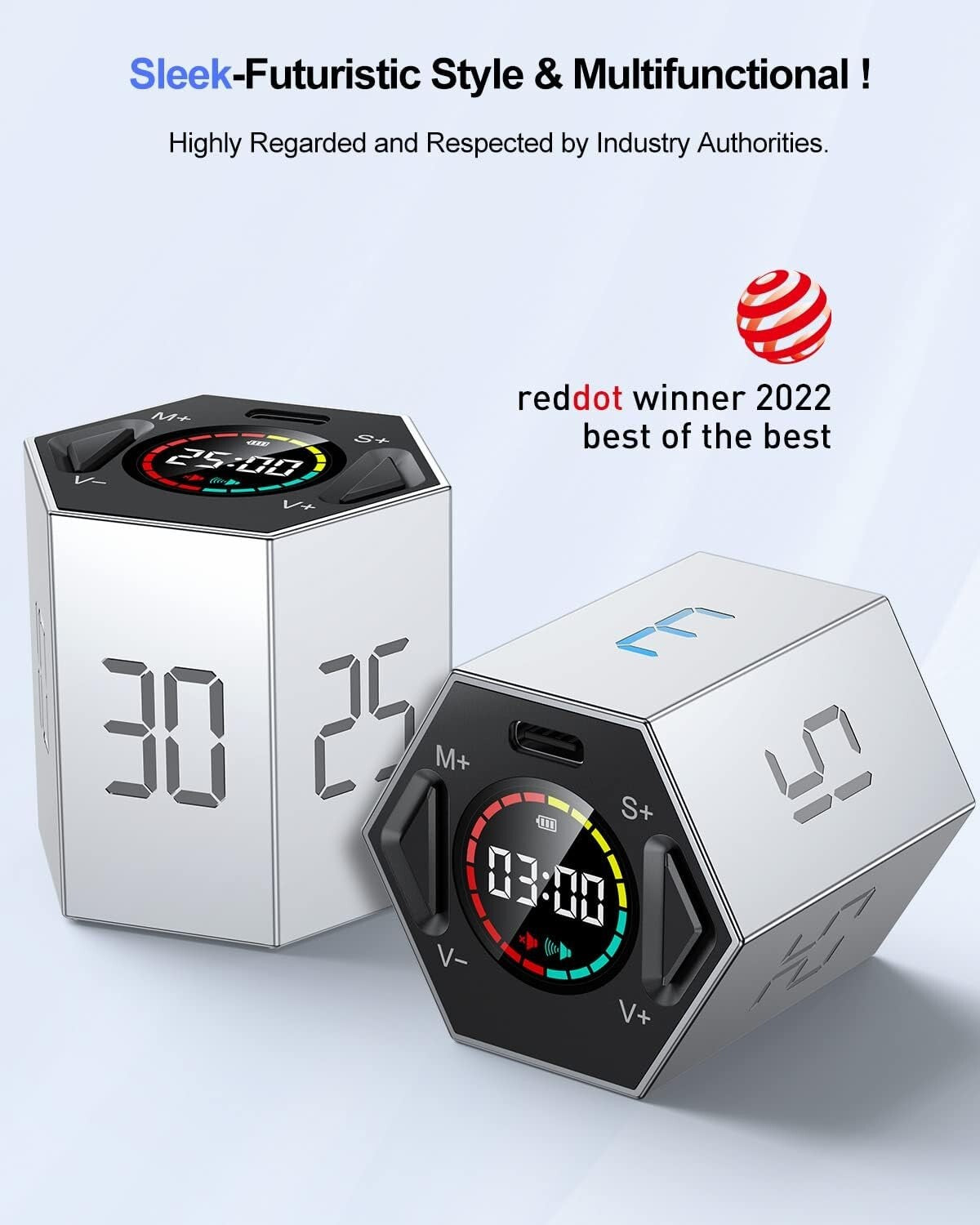 Versatile Hexagon Productivity Timer - 6 Preset Times & Custom Options - Gray