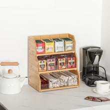 Load image into Gallery viewer, Trapezoidal Bamboo Tea Organizer with 3 Adjustable Shelves – Polished Finish
