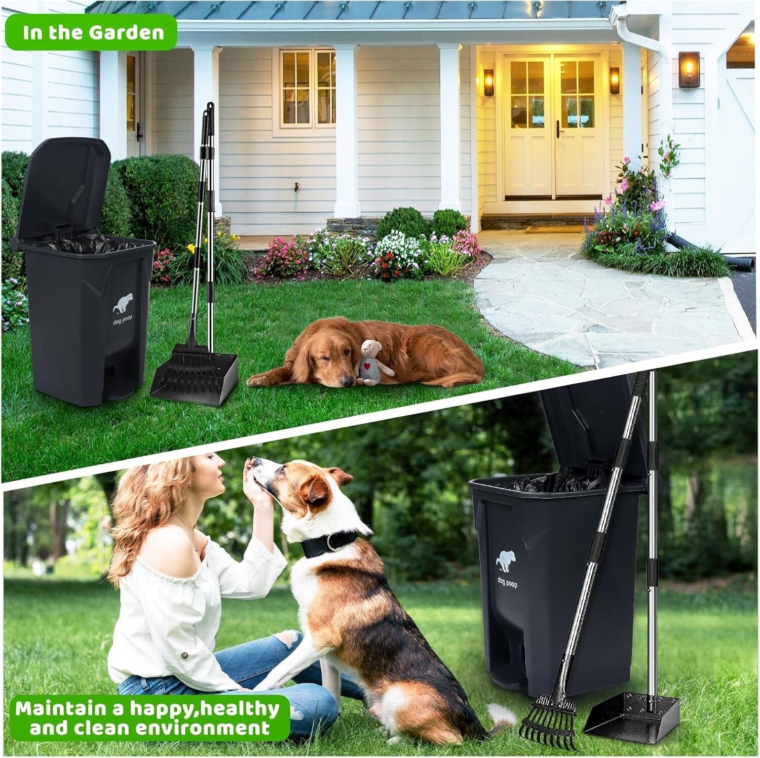 Compact Outdoor Dog Waste Bin with Rake, Tray & 100 Garbage Bags Included