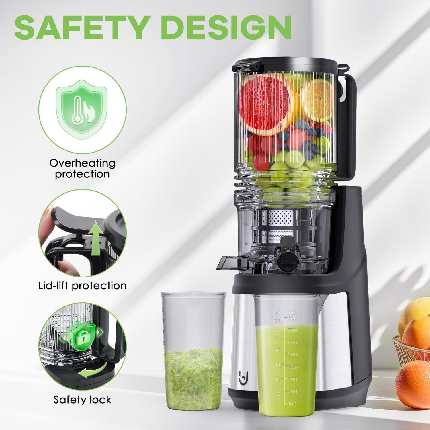 Compact Masticating Juicer - 5.8" Feeding Chute, High Juice Yield & Quiet Motor