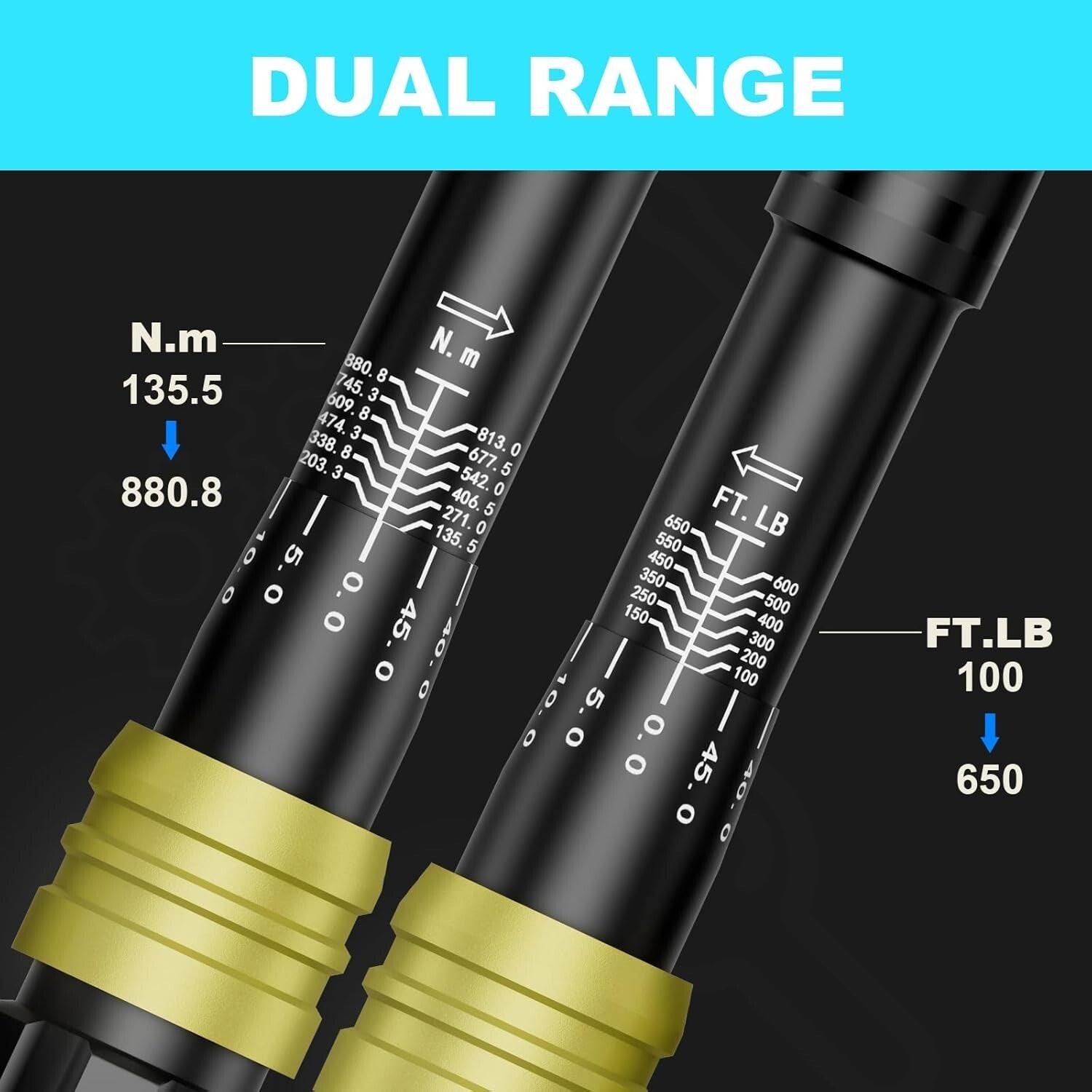 Durable Chrome Vanadium Steel Torque Wrench, 100-650 Ft-Lb, Dual-Direction Use