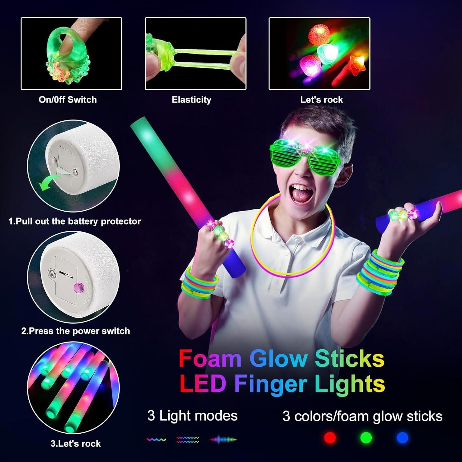 150 PCS Glow in the Dark Party Pack: Foam Sticks, LED Glasses & Finger Lights