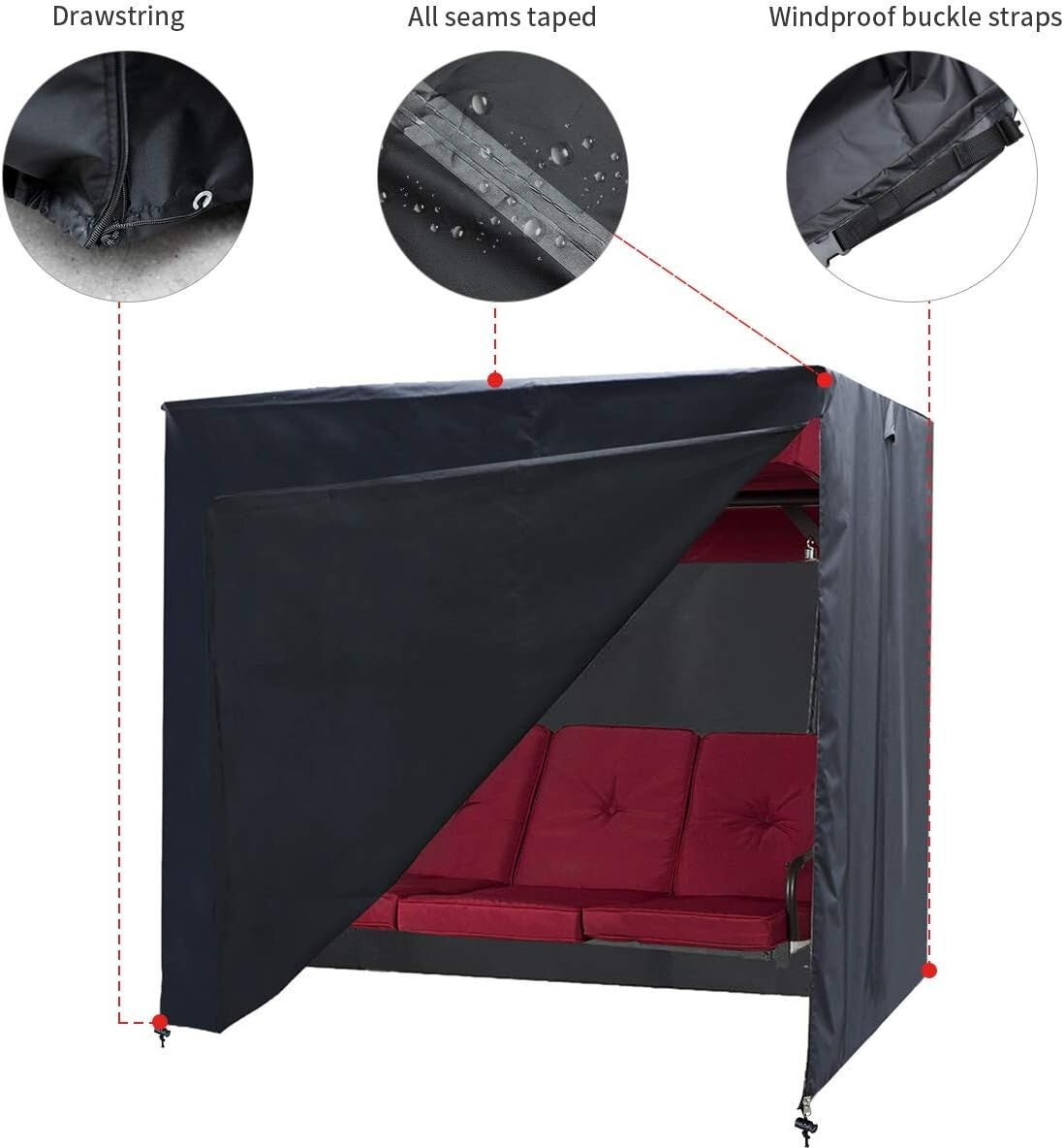Black Waterproof Swing Canopy Cover 3-Seater - Heavy Duty All Weather Protection