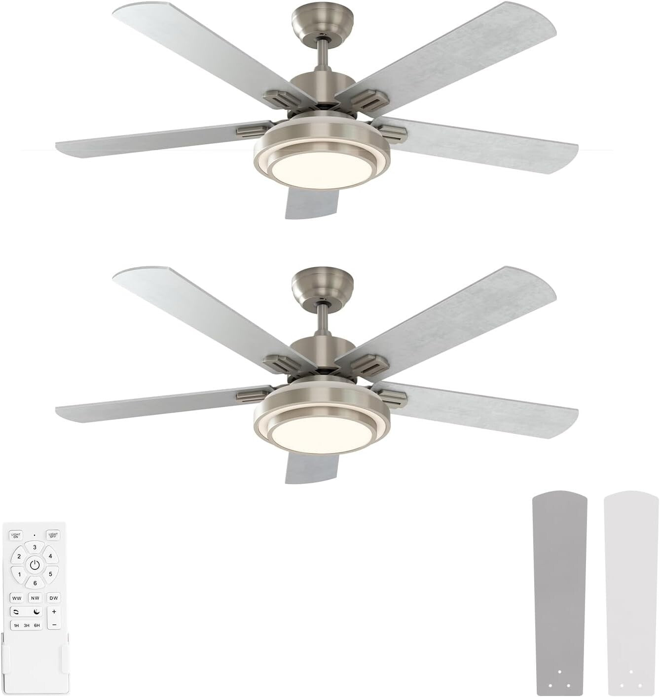 Whisper-Quiet 52-Inch Ceiling Fan & LED Light with Timer - Remote Control 2 Pack