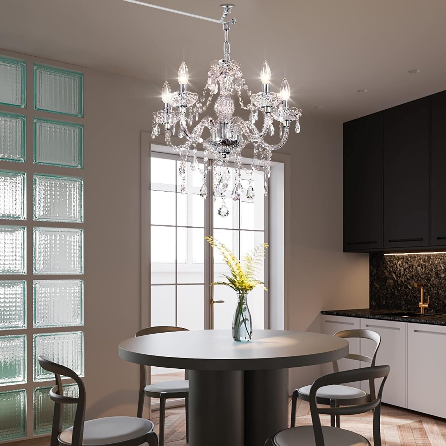 Elegant Acrylic Crystal Chandelier - Plug-In 5 Light Pendant with Clear Cord