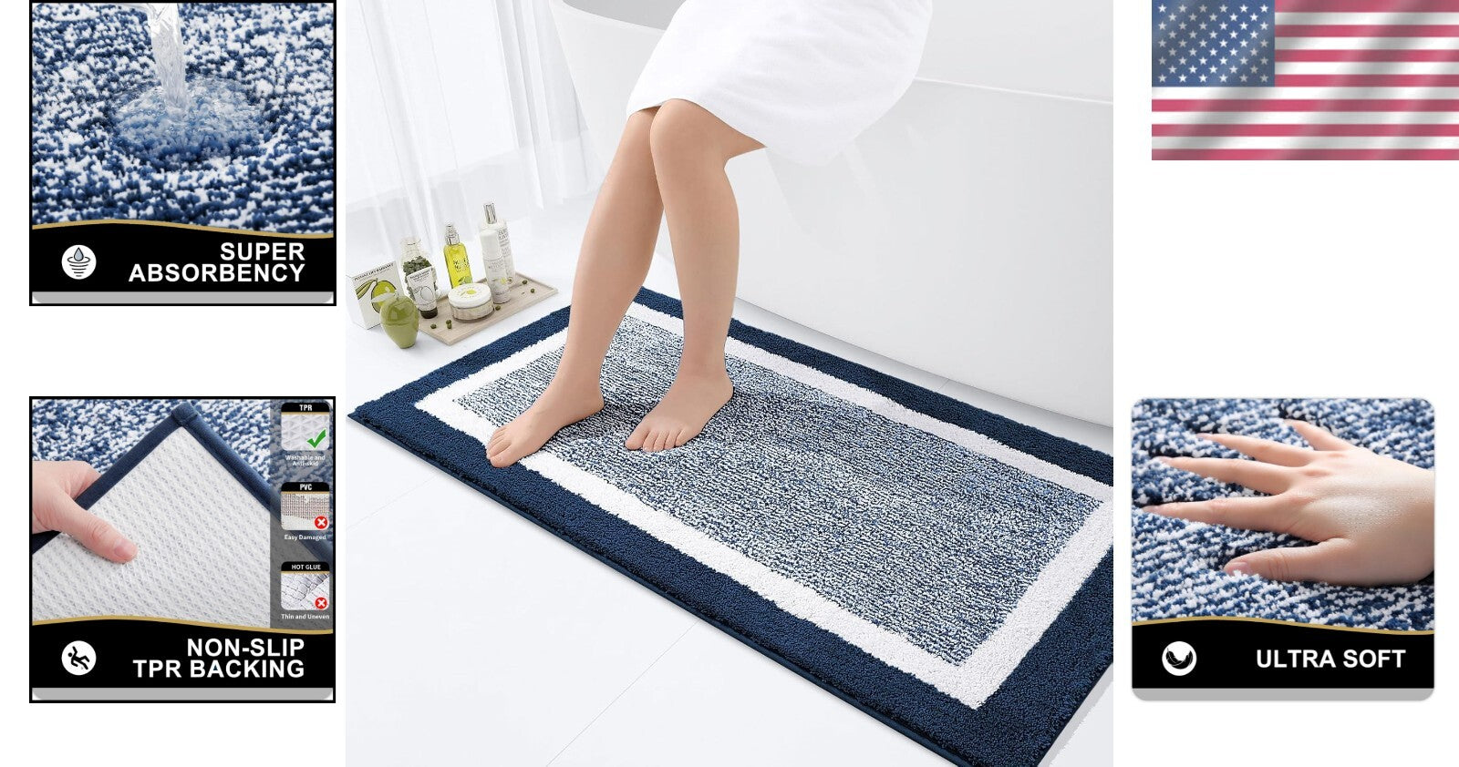 Extra Absorbent Navy Bath Mat 44x24 - Fluffy & Non-Slip Design for Safety