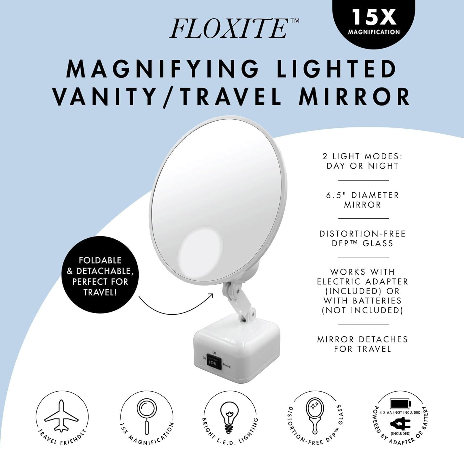 Portable 15x Magnification LED Mirror in Dove White - Ideal for Home and Travel