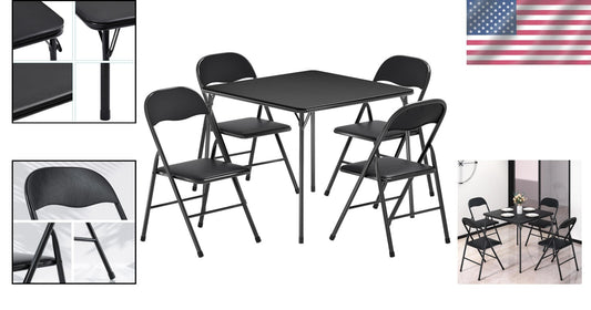 Portable Folding Card Table and Chair Set of 5 with Padded Upholstery - Black