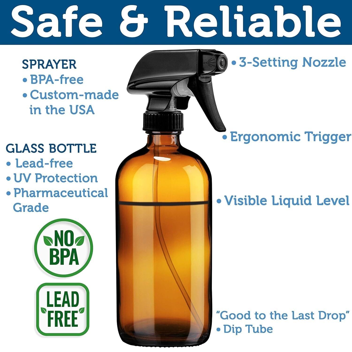 Refillable 16 oz Amber Glass Spray Bottles with Mist & Stream Settings - 6 Pack