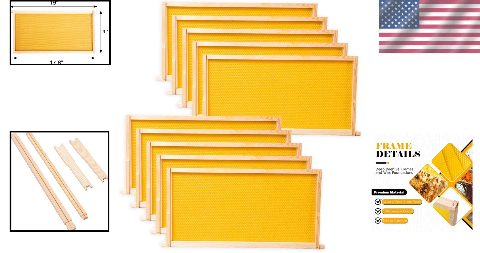 Yellow Beeswax Bee Frames for Standard Langstroth Deep Brood - 10 Piece Set