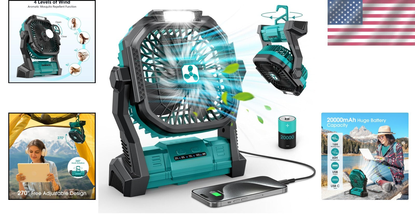 Ultra-Quiet 4-Speed Portable Fan with 3 Brightness Levels for Camping Adventures