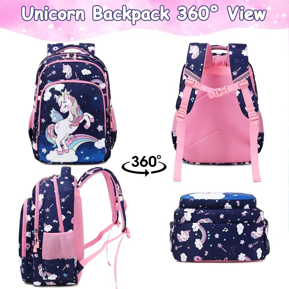 Adjustable Unicorn Backpack for Girls - 3pcs School Set with Insulated Lunch Bag