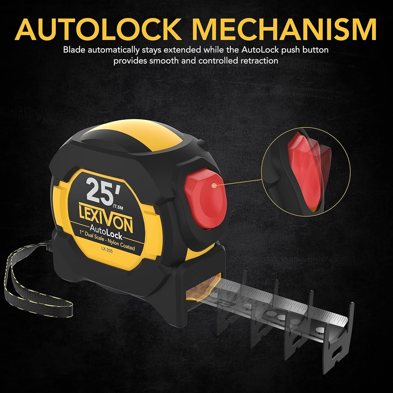 Durable Heavy Duty 25Ft AutoLock Measuring Tape - Set of 4 with Easy Read Scale