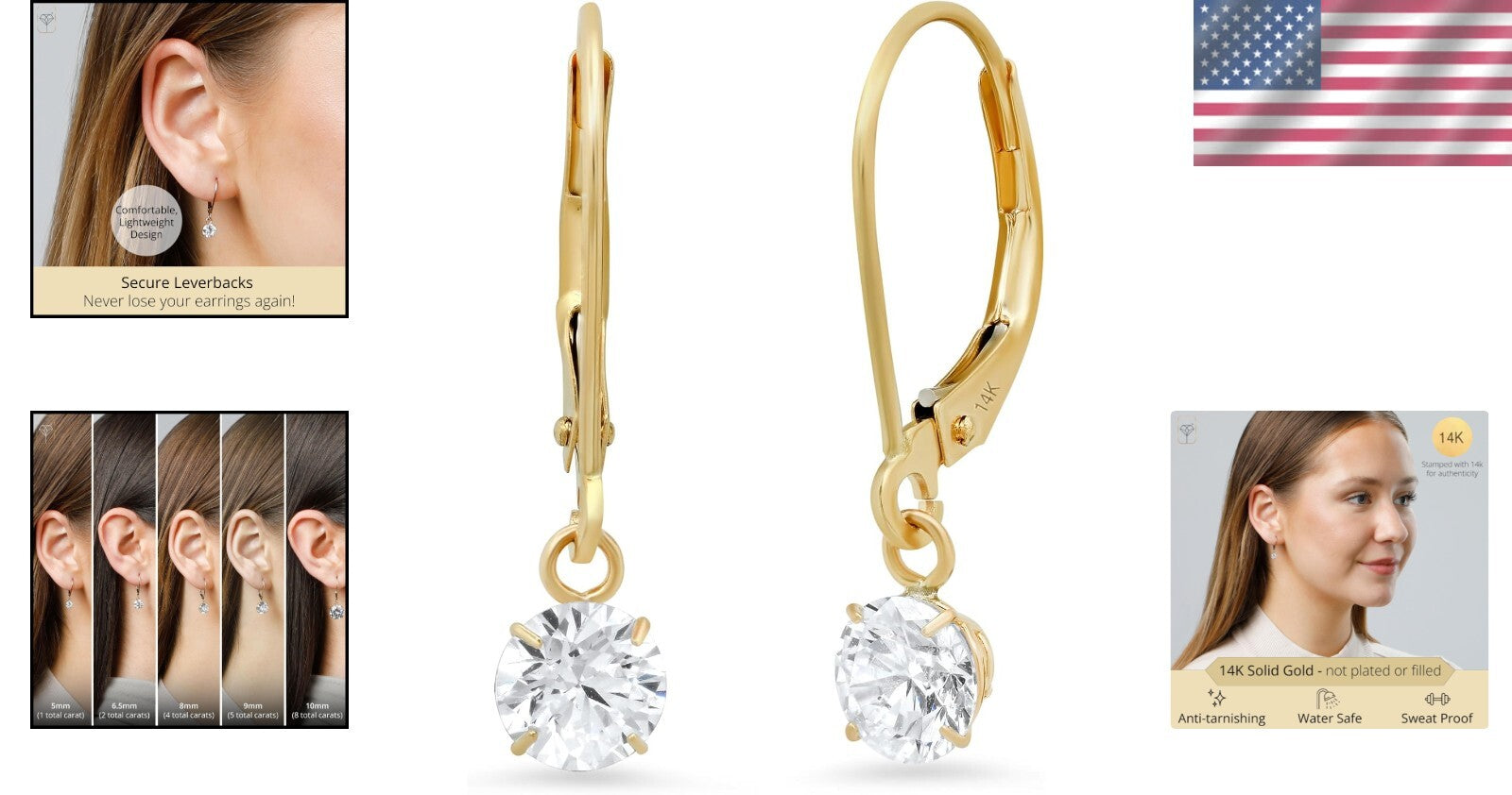 Stunning 1 CT.TW Cubic Zirconia Dangle Earrings in 14k Gold - Lifetime Guarantee