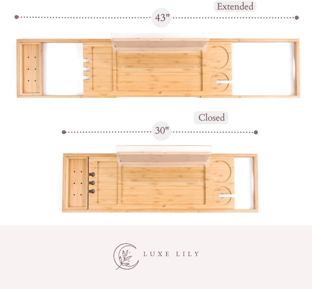 Extendable Waterproof Bamboo Bathtub Tray with Wine Glass Holder for Relaxation