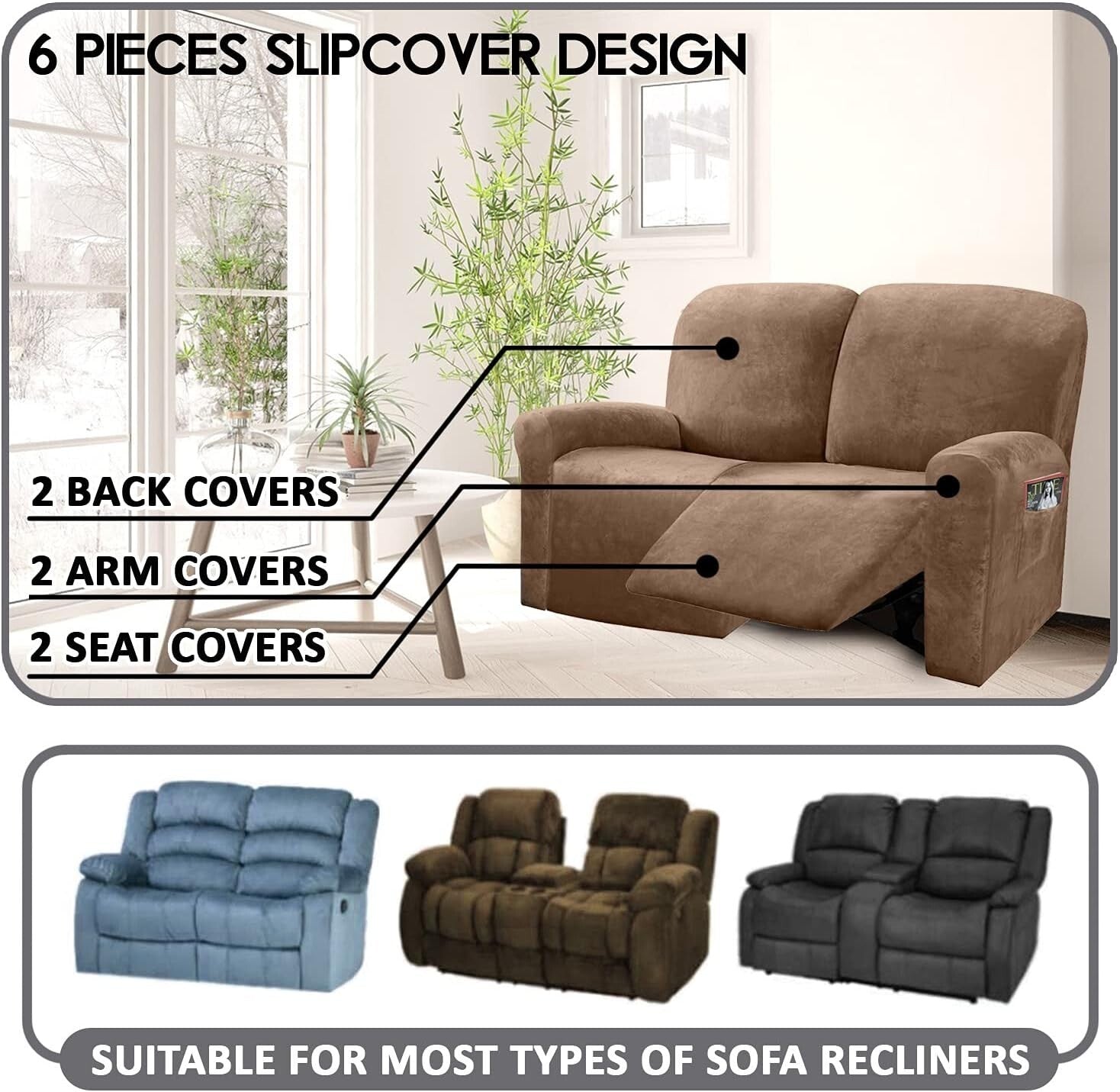 Custom-Fit Velvet Reclining Love Seat Slipcover, Machine Washable for Easy Care