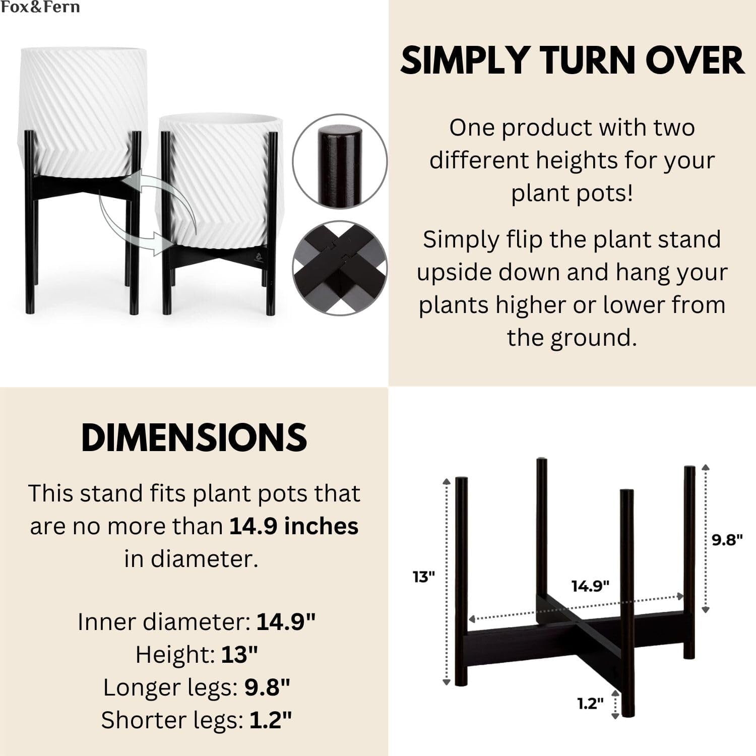 Eco-Friendly Bamboo Plant Stand - 14.9 Inch Mid Century Design for Large Pots