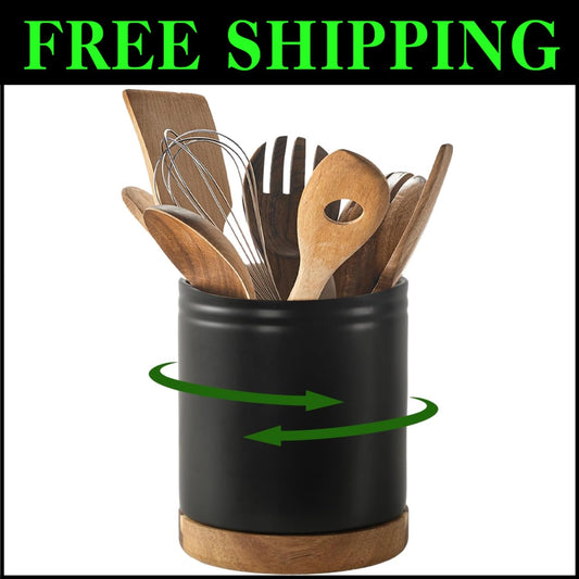 Extra Large Kitchen Utensil Holder - 7.6" Rotating Ceramic Crock in Black
