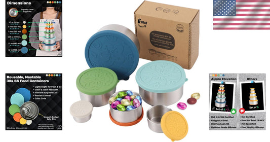 12 Pcs Stainless Steel Snack Container Set with Silicone Lids - Leakproof Design