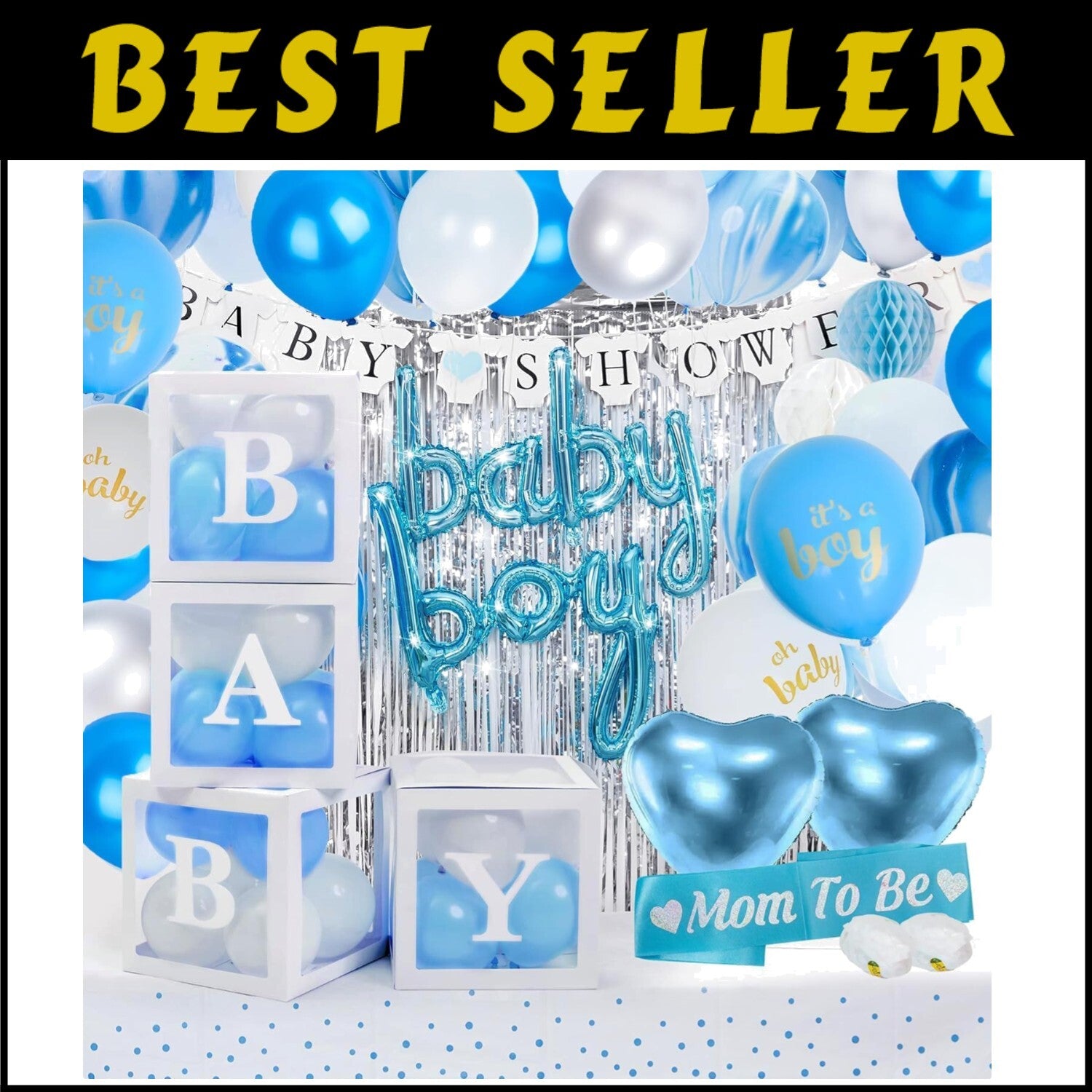 Complete Baby Boy Shower Decoration Kit - Balloon Arch, Centerpieces & More