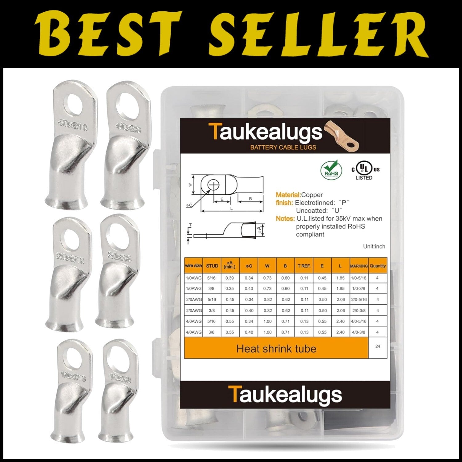 48PCS UL Certified Copper Cable Ends Kit - AWG 1/0 2/0 4/0 with Shrink Tubing