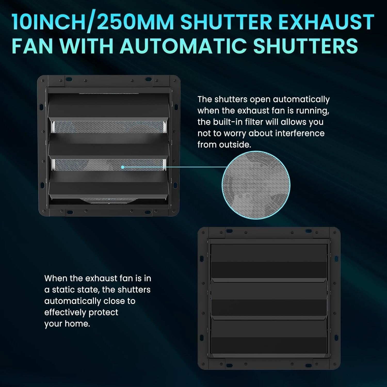 Energy-Efficient 10 Inch Exhaust Fan with Low Noise & Steel Mesh Screen - Black