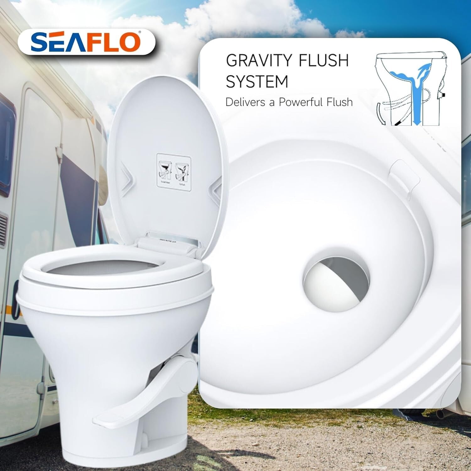 Durable 18.5” Gravity Flush Toilet for RVs with Quick Installation Features