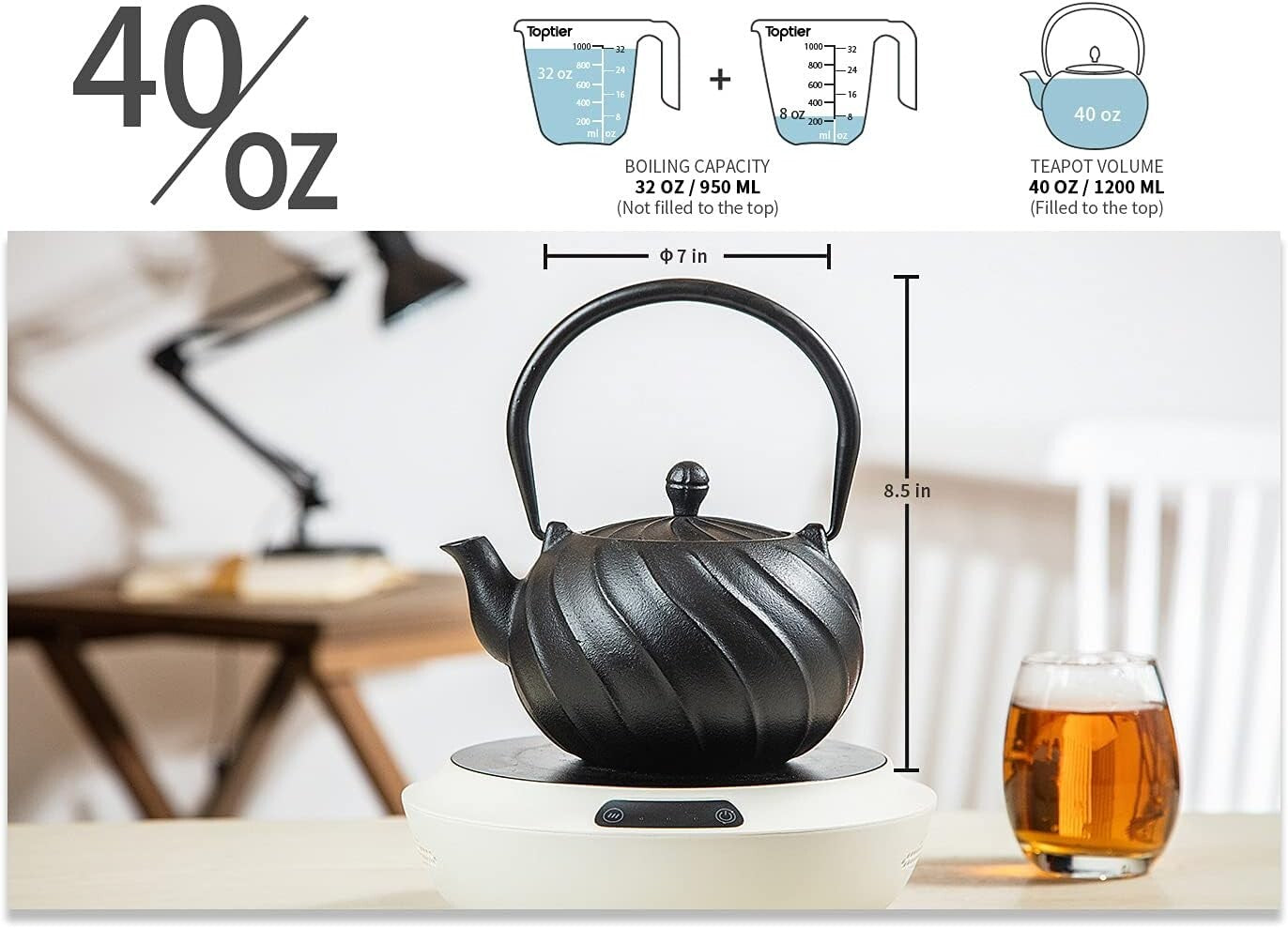 Elegant 40oz Japanese Cast Iron Tea Kettle with Infuser - Wave Pattern Design