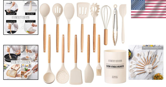 Elegant 14-Piece Silicone Utensil Set with Heat-Resistant Wooden Handles - Khaki