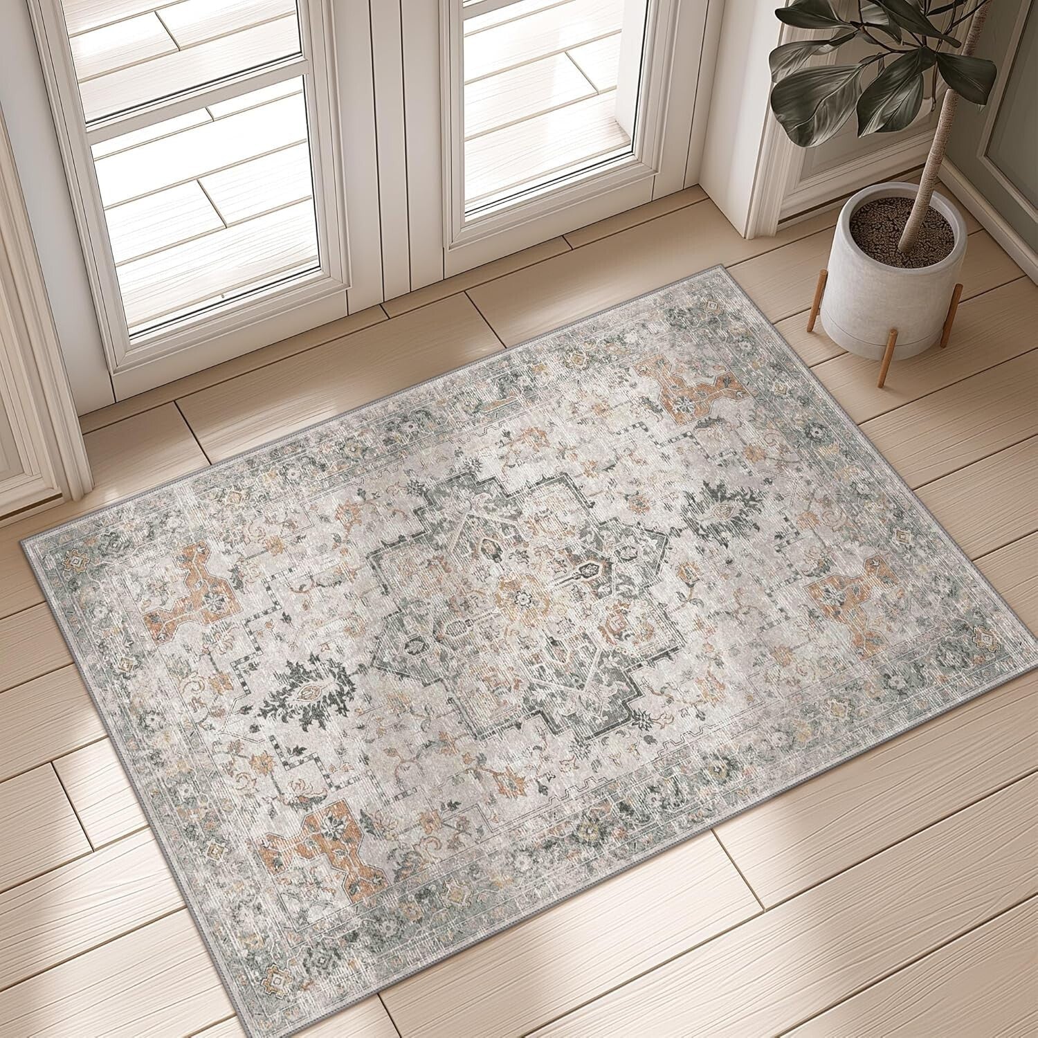 Retro Floral 2x3 ft Area Rug - Machine Washable, Non-Slip Doormat in Taupe