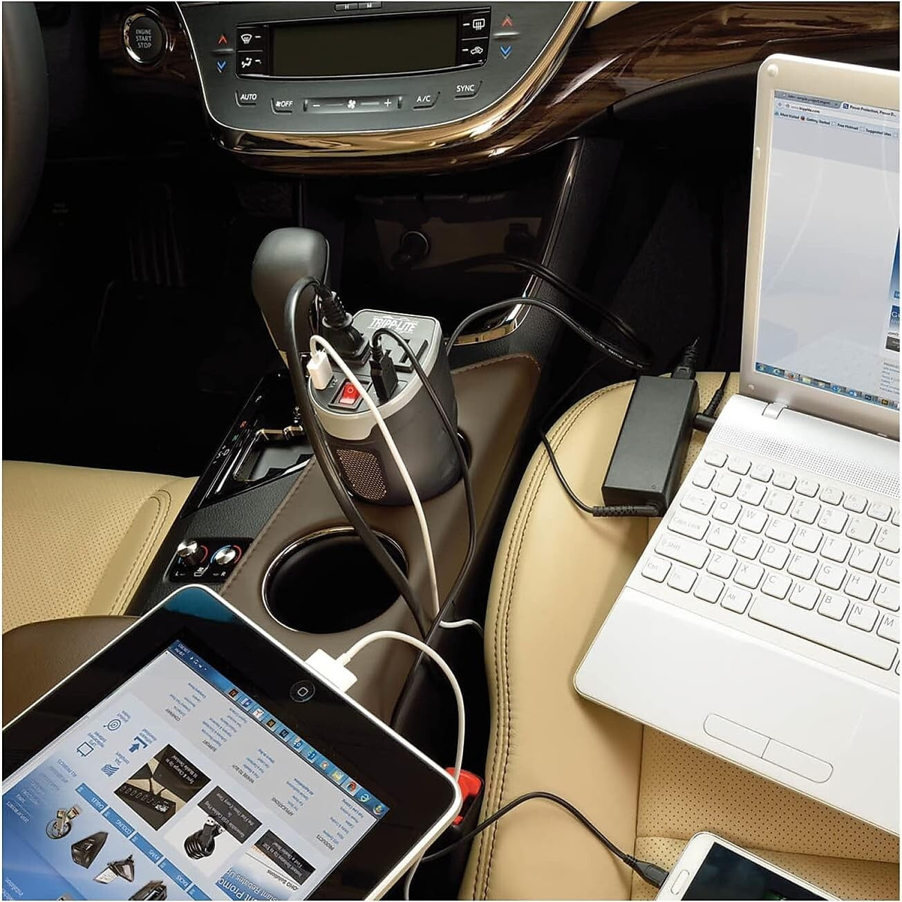 200W Car Power Inverter with Dual AC Outlets & USB Ports - Cup Holder Design