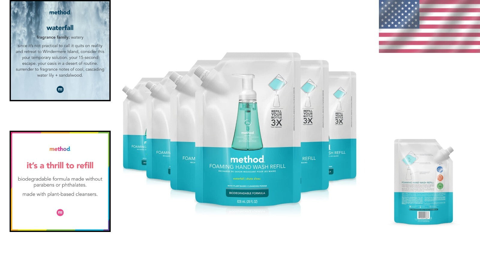 Biodegradable Foaming Hand Soap Refill 6-Pack - Plant-Based Airy Waterfall Aroma