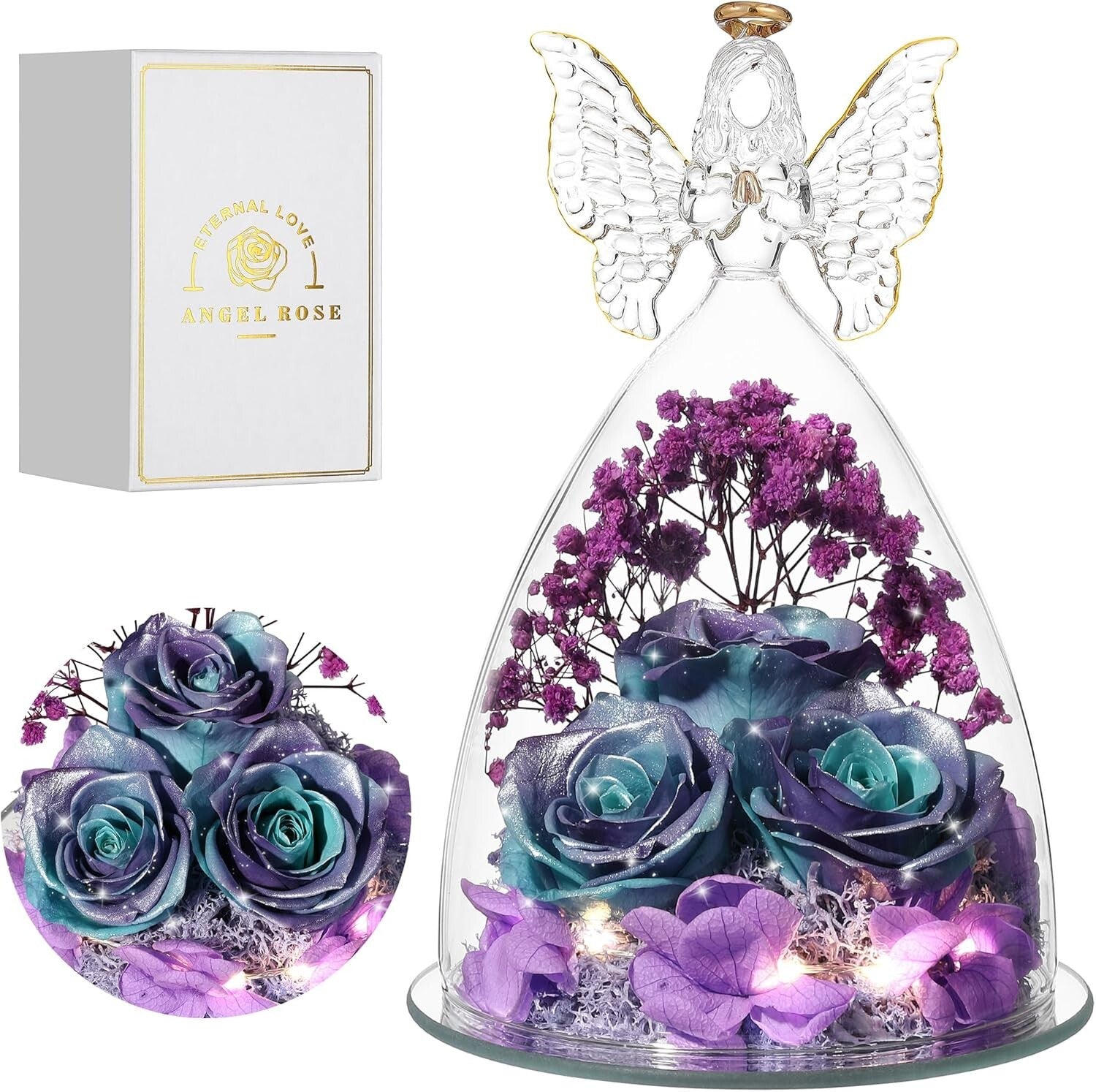 Eternal Roses in Glitter Blue-Purple Glass Angel Gift - Perfect for Mother's Day