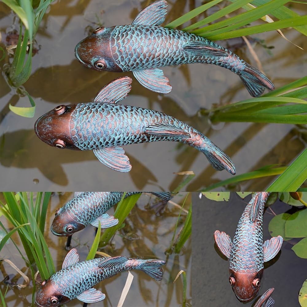 Unique Antique Koi Fish Garden Statues with 2 Iron Poles - Indoor & Outdoor