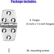 Load image into Gallery viewer, Noise-Free 316 Marine Stainless Steel Hinges 3" x 1.5" with Screws - 6 Pack