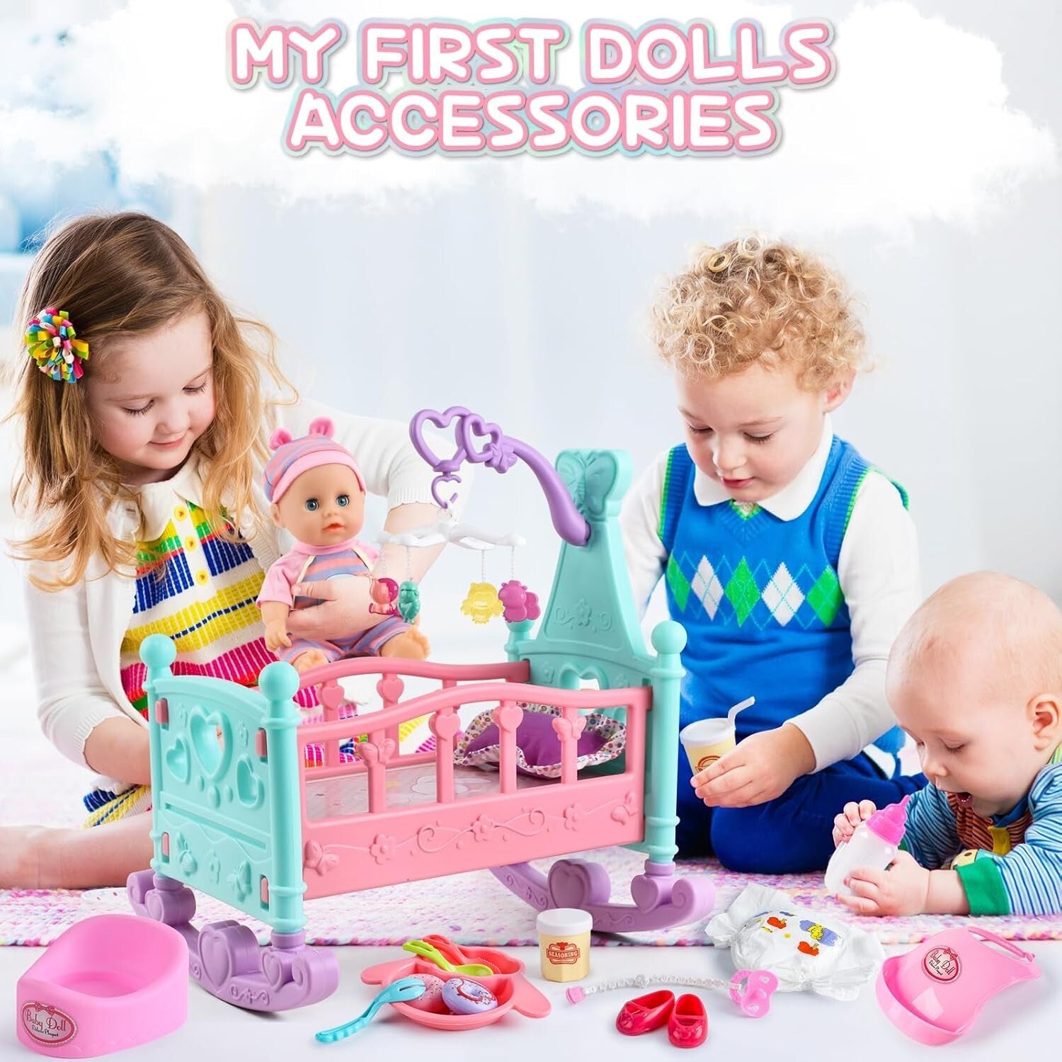 Safe 12” Baby Doll Toy Set with Crib, High Chair & Accessories for Pretend Play