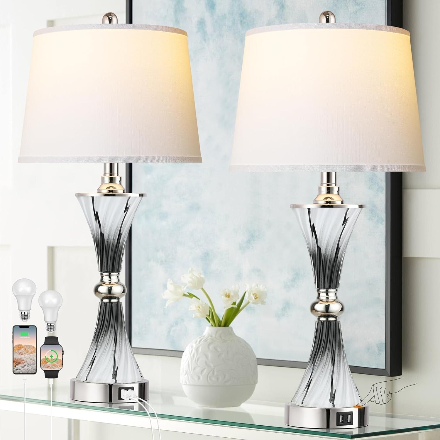 Elegant 3-Way Dimmable Touch Glass Lamps Set of 2 with USB Ports - Dark Grey