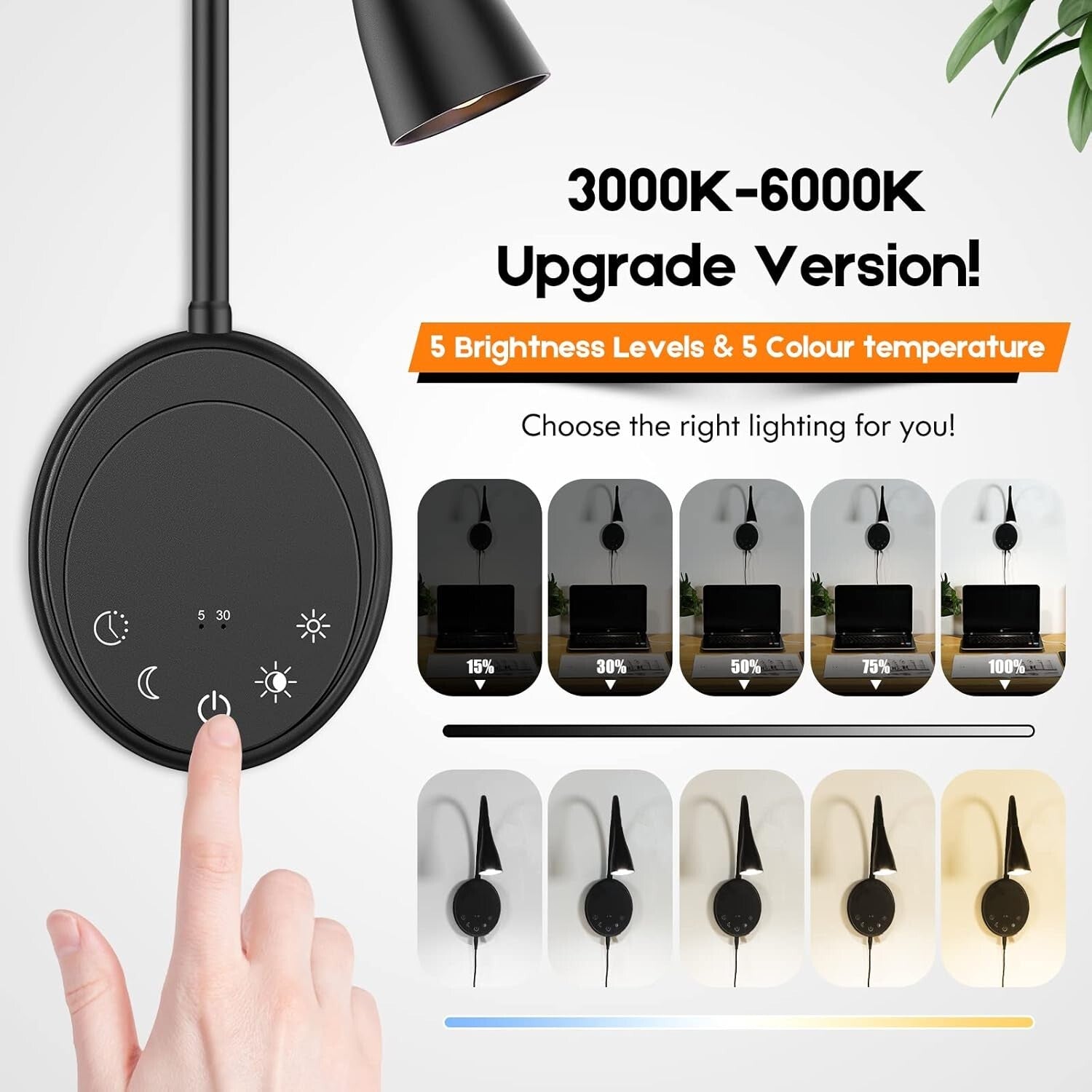 5-Level Dimmable LED Wall Sconce with Flexible Gooseneck & Night Light Feature