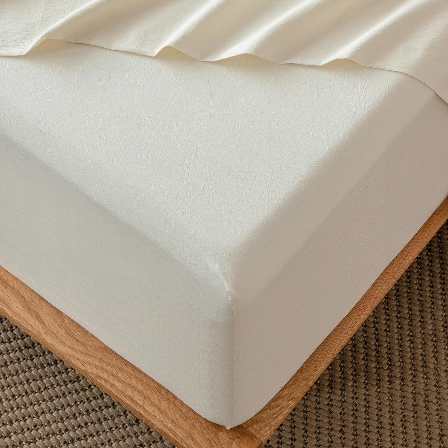 Queen Fitted Bottom Sheet - 100% Washed Cotton, Cream White, 17" Deep Pocket