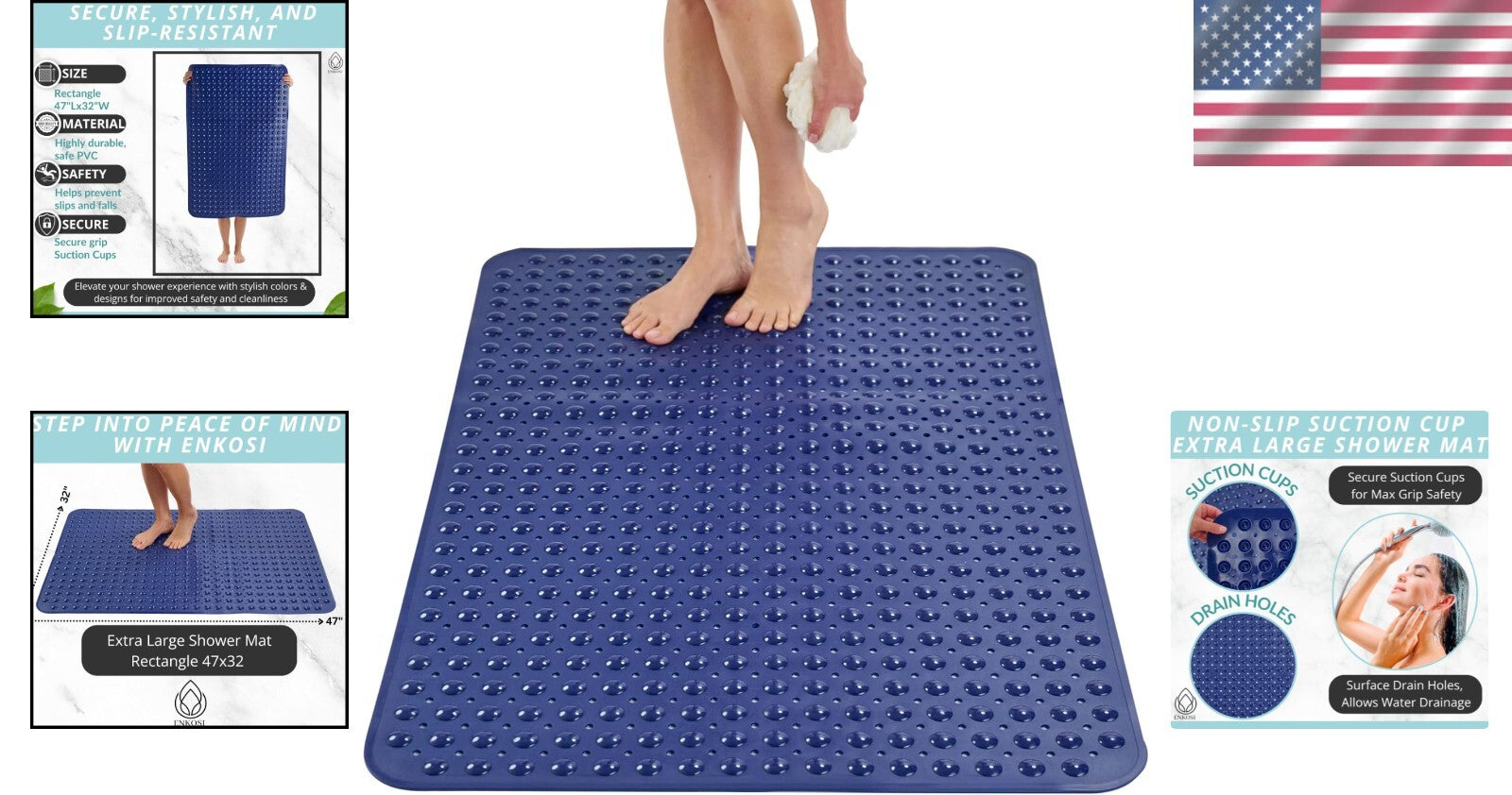 XL Bathroom Shower Mat 47x32 - Durable Anti-Slip with Drain Holes & Suction Cups