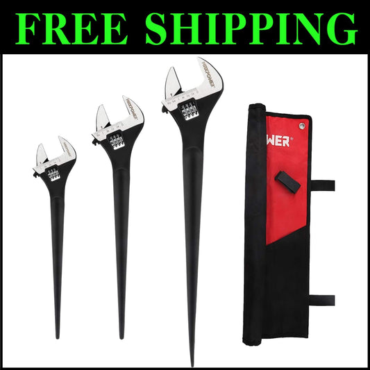 3-Piece Adjustable Spud Wrench Set (10in, 12in, 16in) with Durable Kitbag
