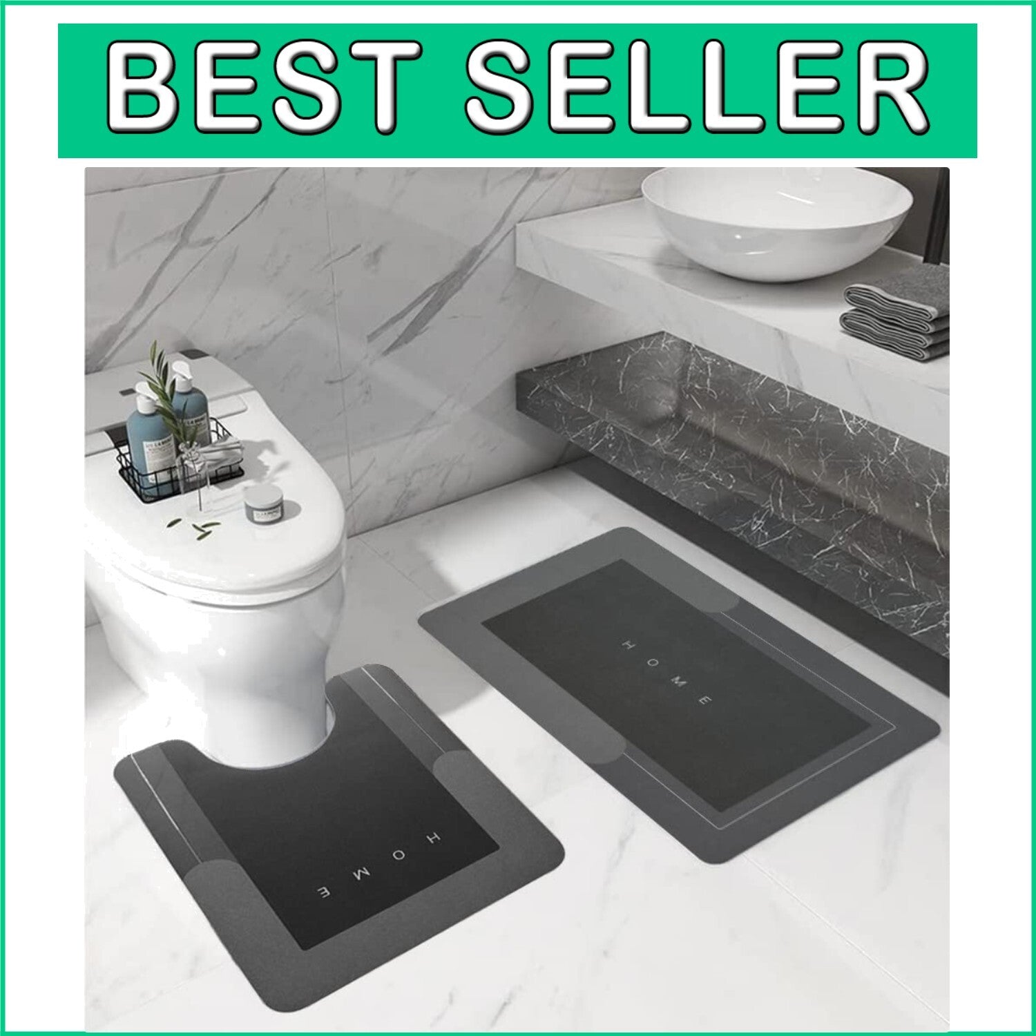 Absorbent 2-Piece Bath Mat Set with U-Shaped Rug - Stylish Dark Grey Design