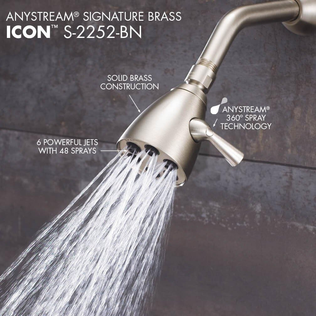 Brushed Nickel Anystream Brass Shower Head - High Pressure Adjustable 3 Settings