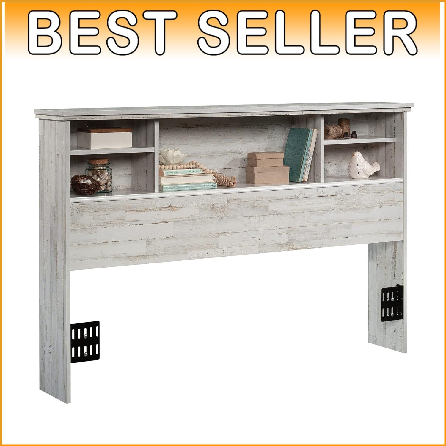 Farmhouse Chic Queen and Full Headboard with Adjustable Shelves - White Plank