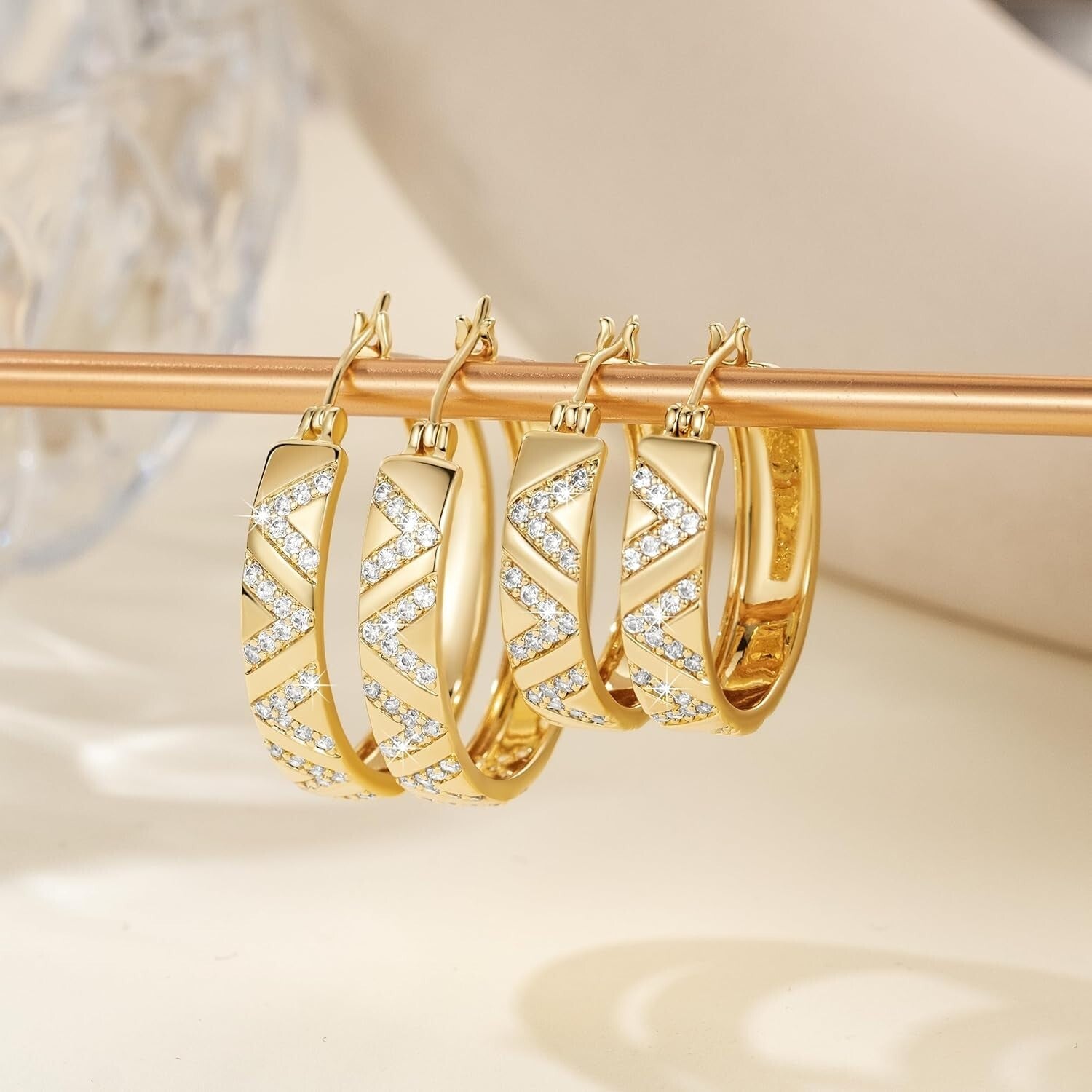 25mm Thick 14K Gold Hoop Earrings with V-Cut and Diamond Sparkle for Women