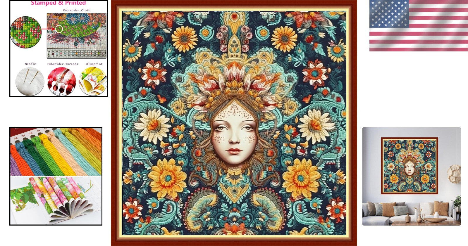 Stamped Cross Stitch Kit: Queen of Colorful Flowers - Easy DIY Embroidery