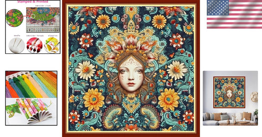 Stamped Cross Stitch Kit: Queen of Colorful Flowers - Easy DIY Embroidery