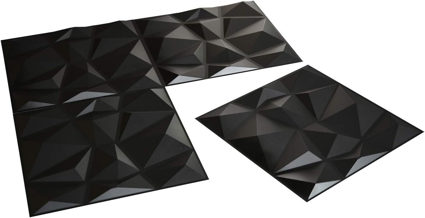 Elegant 3D Matte Black Wall Panels for Living Room - 12 Pack, Easy Glue Down